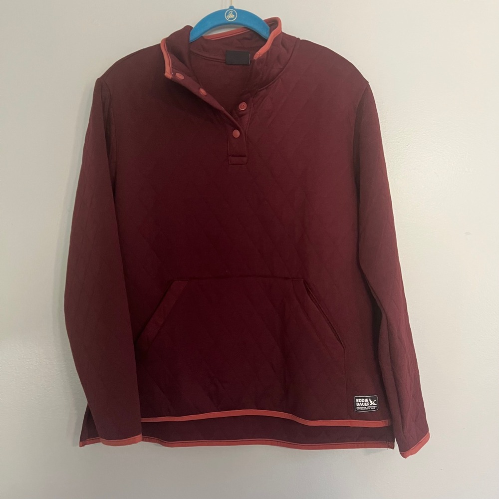 Eddie Bauer Womens Burgundy Quilted Snap Neck Pullover Kangaroo Pocket Small